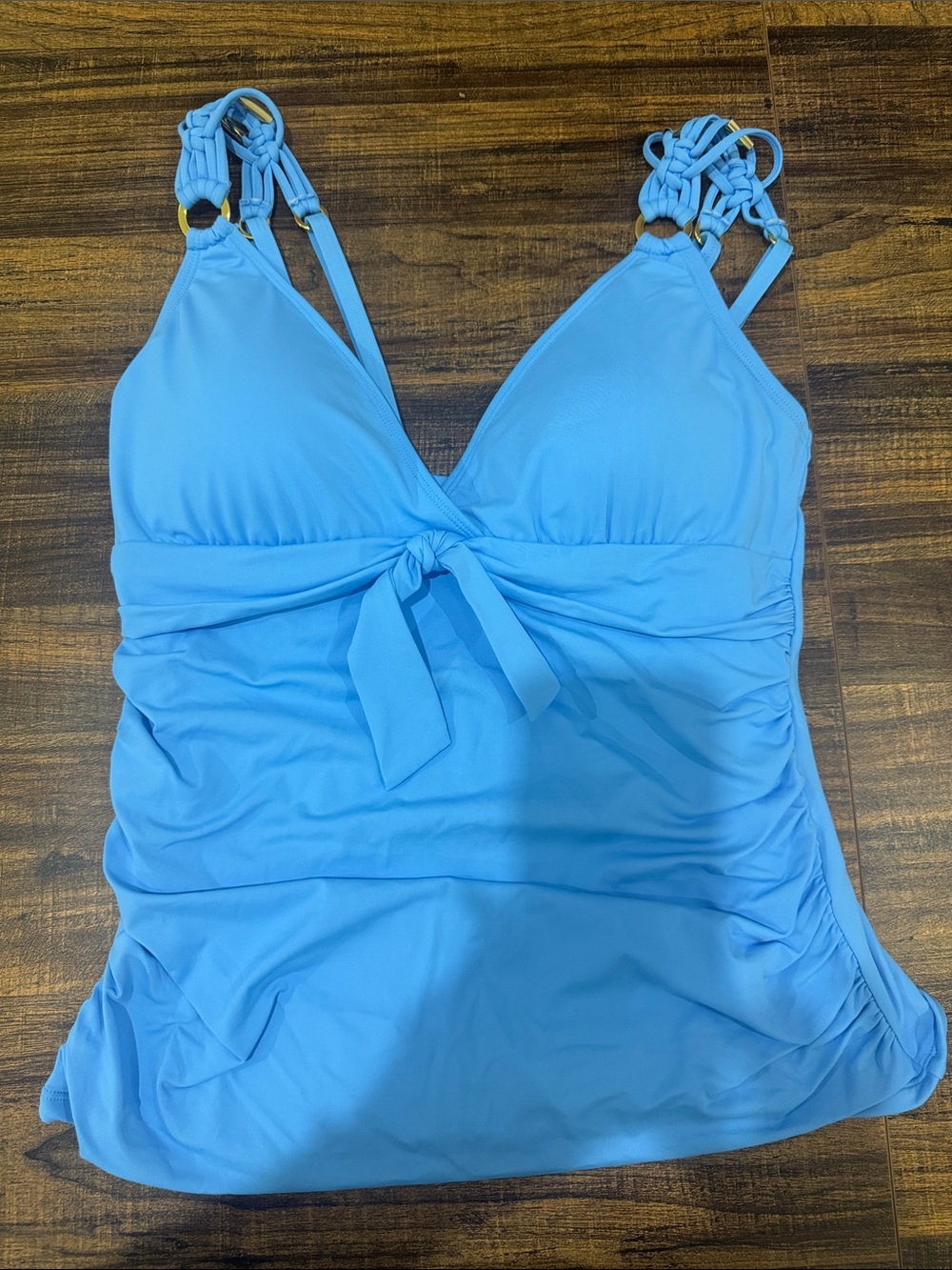 Light Blue Women's Tie-Front Swim Bodysuit with Decorative Straps